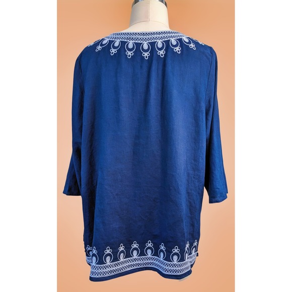 Saint Tropez West plus size 2X Navy blue Linen embroidered V neck Tunic - Picture 2 of 4